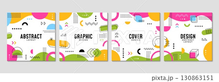 Memphis square cover layout, abstract geometric banners. Modern vector templates of covers or media posts feature vibrant colors, simple shapes playful patterns in retro modern hipster style of 1980s Memphis square cover layout, abstract geometric banners. Modern vector templates of covers or media posts feature vibrant colors, simple shapes playful patterns in retro modern hipster style of 1980s 130863151