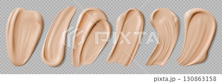 Beige foundation cream swatch, skincare cosmetic drops set. Liquid powder or bb creme. Realistic 3d vector smooth beige concealer stroke. Creamy cosmetics glossy finish, beauty skincare product sample Beige foundation cream swatch, skincare cosmetic drops set. Liquid powder or bb creme. Realistic 3d vector smooth beige concealer stroke. Creamy cosmetics glossy finish, beauty skincare product sample 130863158