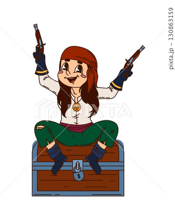 Pirate girl, European or Asian corsair cartoon character on treasure chest, vector personage. Caribbean pirate woman in sailor bandana or captain skipper sitting on treasure chest with musket guns 130863159