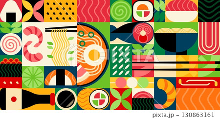 Japanese cuisine geometric pattern featuring japan food items like sushi, ramen, shrimp, soy sauce and chopsticks in colorful grid or modular background with bold shapes. Vector Asian restaurant tile 130863161