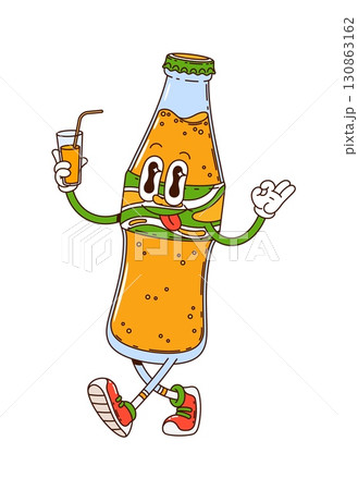 Cartoon groovy soda drink bottle character energetically posing with ok finger gesture and glass in hand, captures playful funky y2k vibe. Vector cheerful refreshment beverage personage exudes joy 130863162