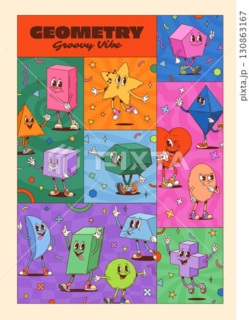 Hippie groovy math shape characters collage poster with geometric figures dancing with expressive faces and funky poses set against colorful backgrounds, create a retro funky vibe filled with joy 130863167