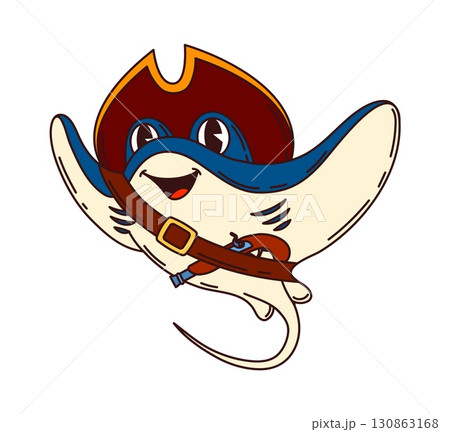 Cartoon stingray pirate or corsair fish character of ship crew, vector personage. Caribbean pirate manta in captain tricorne hat with happy smile and musket or pistol gun as corsair or sea sailor 130863168