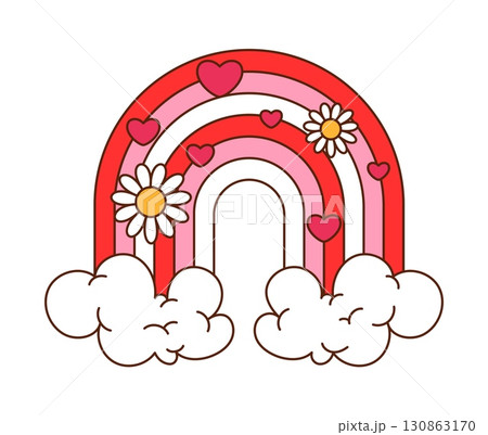 Cartoon groovy Valentine rainbow with hearts, clouds and flowers. Vector retro red and pink arc create sweet y2k romantic vibe, expressing peace, joy, love, positivity, nostalgia, and hippie affection Cartoon groovy Valentine rainbow with hearts, clouds and flowers. Vector retro red and pink arc create sweet y2k romantic vibe, expressing peace, joy, love, positivity, nostalgia, and hippie affection 130863170