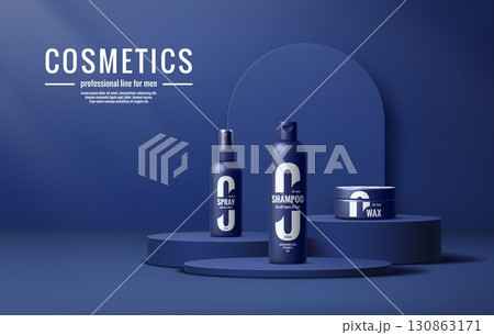 3d blue podium stage with cosmetic bottles at arch wall vector background. Hair cosmetics product display podium platform, presentation stand pedestal, minimal blue stage with shampoo, spray and wax 130863171
