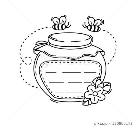 Honey glass jar kids memo note frame. Kids schedule vector sticker, children planner To Do list frame. Child diary page checklist or scrapbook memo note with honey jug or bottle, flying honeybees 130863172
