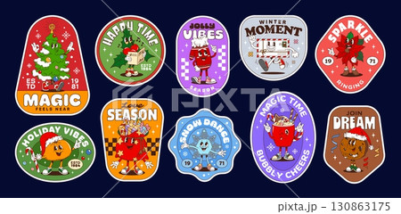 Christmas groovy label stickers and Xmas hippie patches for winter holidays, cartoon vector. Christmas stickers with groovy characters of happy snowflake and funky hot chocolate with cookie and gifts 130863175