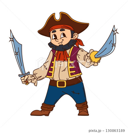 Pirate cartoon character or Caribbean corsair sailor with saber swords, vector groovy personage. Caribbean pirate or seaman captain corsair character in tricorne hat with funny smile and dagger sword Pirate cartoon character or Caribbean corsair sailor with saber swords, vector groovy personage. Caribbean pirate or seaman captain corsair character in tricorne hat with funny smile and dagger sword 130863189