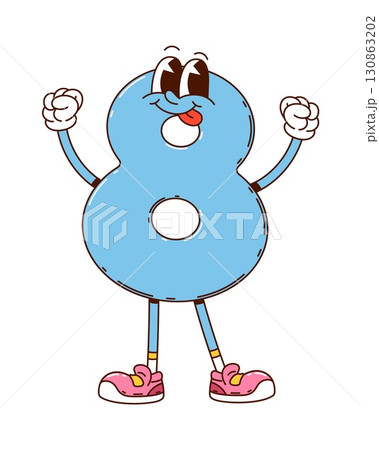 Cartoon groovy math number eight character. Isolated vector cheerful and curvy numeral 8 with googly eyes and quirky smile. Playful school education personage for arithmetic and mathematics learning 130863202