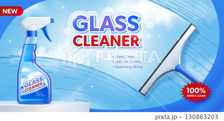 Window glass cleaner advertising banner with spray bottle and window squeegee. Vector clean and modern product advertisement, emphasizes hygiene, freshness and new protective cleaning formula 130863203