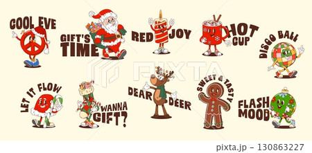Christmas and New Year hippie Y2K groovy stickers with cartoon characters, vector t shirt prints. Groovy Christmas stickers for winter holiday quotes, funky Santa with New Year gifts and reindeer Christmas and New Year hippie Y2K groovy stickers with cartoon characters, vector t shirt prints. Groovy Christmas stickers for winter holiday quotes, funky Santa with New Year gifts and reindeer 130863227