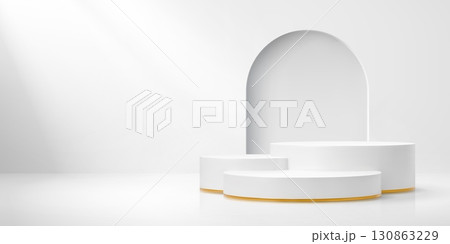 White podium stage with pedestals and arch frame and wall shadows. Realistic 3d vector platforms for cosmetics product display. Studio background mockup for presentation, minimalist showcase scene White podium stage with pedestals and arch frame and wall shadows. Realistic 3d vector platforms for cosmetics product display. Studio background mockup for presentation, minimalist showcase scene 130863229