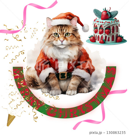 クリスマスケーキと猫ちゃん　クラッカーでお祝い　カードポスター 130863235