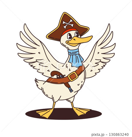 Cartoon goose pirate of corsair ship crew animal character, vector sailor personage. Funny goose in captain tricorne cocked hat with crossbones and musket gun as Caribbean corsair or seaman character 130863240