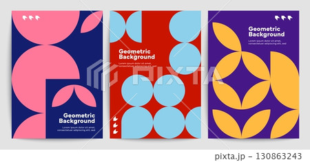 Abstract modern posters with geometric shapes pattern. Vector circle and leaf figures background posters, presentation banner or brochure cover. Retro color geometric mosaic patterns set 130863243