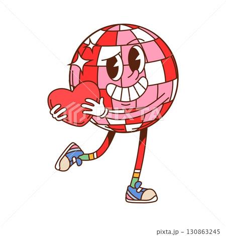 Cartoon groovy Valentine day disco ball character holding red heart, exuding love vibe. Isolated vector funky personage with trendy hippie sneakers and cheerful expression ready for retro dance party 130863245