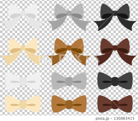 かわいいリボン 蝶結び＆蝶ネクタイ風の無彩色・茶色系カラーセット 130863415