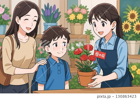 母の日ギフトを勧める花屋の女性店員と親子 130863423