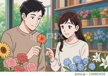 花屋で花を選ぶカップルのシーン 130863426