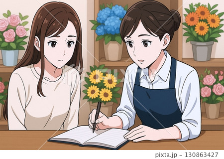 花屋で注文を相談する客と店員 130863427