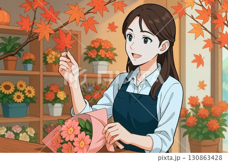 秋の紅葉を手に取る花屋の女性店員 130863428