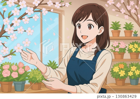 桜の枝を見つめる花屋の女性店員 130863429