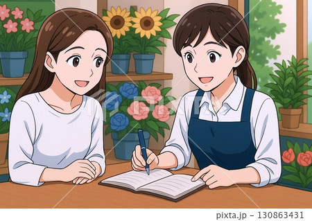 花屋で注文内容を打ち合わせる客と店員 130863431