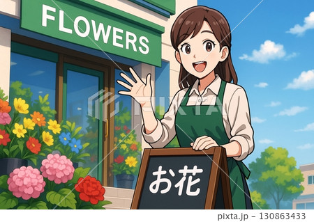 お花屋さんの前で看板を出す女性店員 130863433
