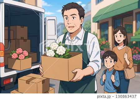 花の仕入れを運ぶ花屋の男性店員 130863437