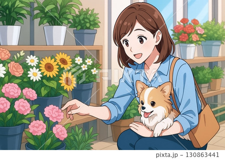 花屋で犬を抱いて花を選ぶ女性客 130863441