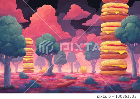 ァストフードの木と巨大バーガーが浮かぶ幻想的風景イラスト 130863535
