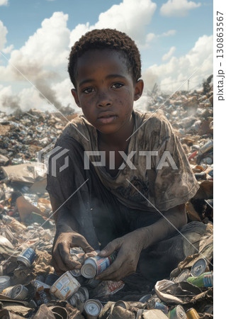 portrait boy garbage sky pile items cans bottles 130863567
