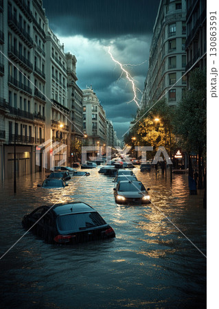 portrayal city street torrential downpour lightning sky bolt portrayal city street torrential downpour lightning sky bolt 130863591