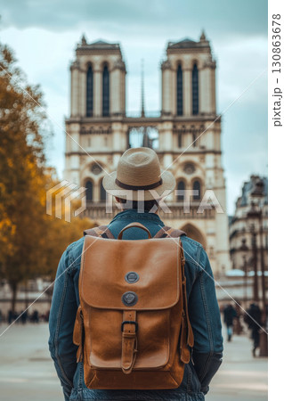 paris man leather hat trees street brown backpack 130863678