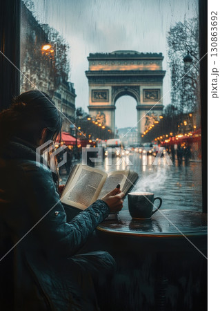 paris woman cafe day triomphe background book rainy paris woman cafe day triomphe background book rainy 130863692