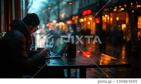 paris man jacket laptop cafe coffee beanie cup 130863695