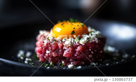 paris dish plate steak egg herbs closeup cheese 130863737