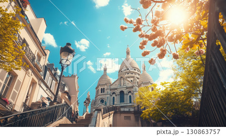 paris aerial view buildings balconies street lamps sky 130863757