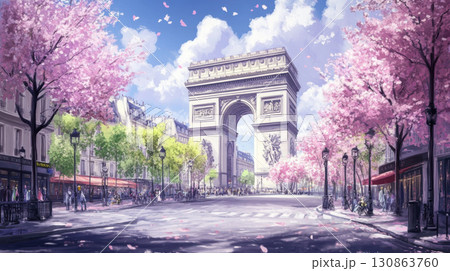 paris illustration street scene triomphe background parisian arc 130863760