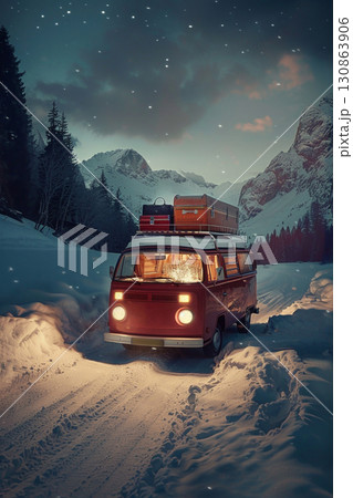 van minivan travel retro snow mountain luggage box 130863906