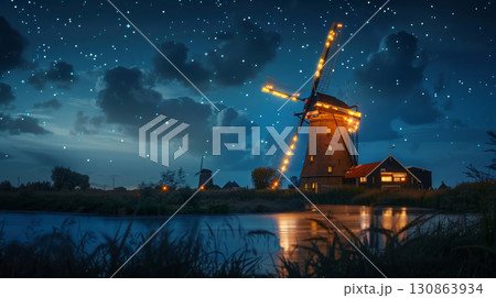 windmill mill traditional building star night sky old 130863934