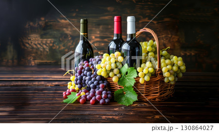 life composition variety fruits wine basket grapes bottles 130864027