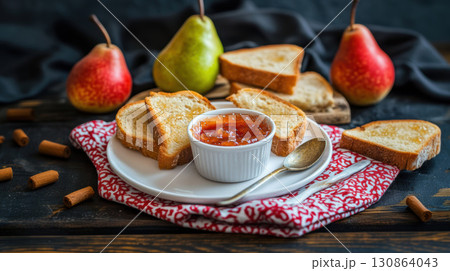 table bread scene pears sticks atmosphere rustic bowl 130864043