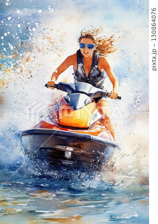 watercolor woman jet ski style brush strokes essence 130864076