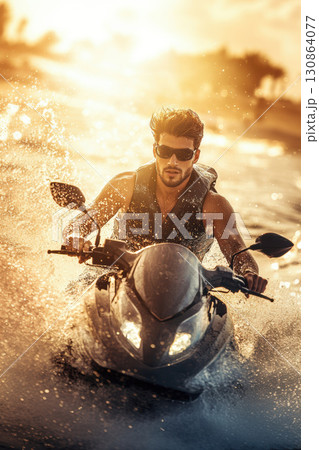 man jet ski body water sunset scene effect 130864077