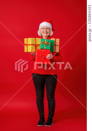 portrait woman hat background santa setting holding stack 130864101
