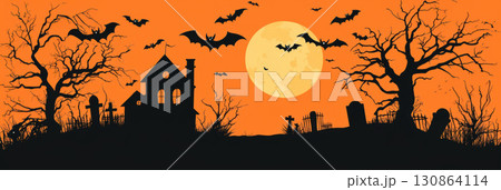 illustration tombstones silhouette house hill halloweenthemed featuring haunted 130864114