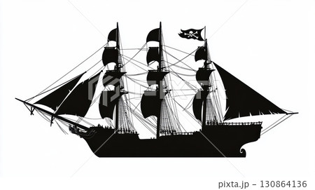 sailing ship multiple masts sails view hull silhouette 130864136