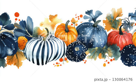 watercolor illustration background foreground pumpkins leaves striped pumpkin watercolor illustration background foreground pumpkins leaves striped pumpkin 130864176