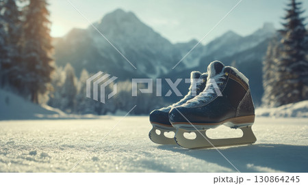 ice skates mountains surface scene closeup snowy sun ice skates mountains surface scene closeup snowy sun 130864245
